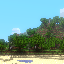 a minecraft screenshot of a hill with water and a forest, but in 64x64 quality